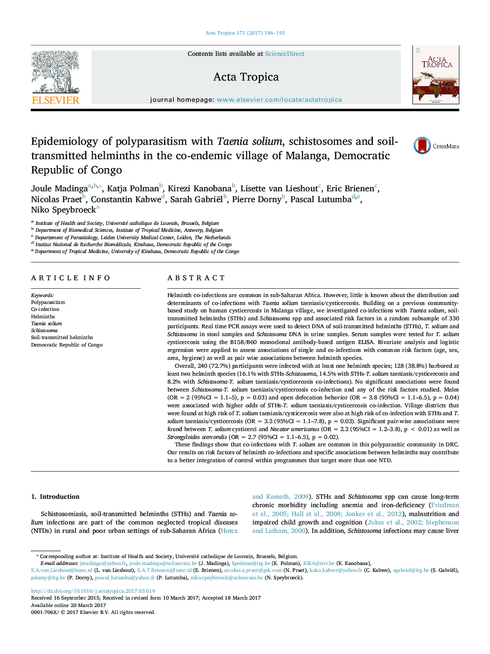 Epidemiology of polyparasitism with Taenia solium, schistosomes and soil-transmitted helminths in the co-endemic village of Malanga, Democratic Republic of Congo