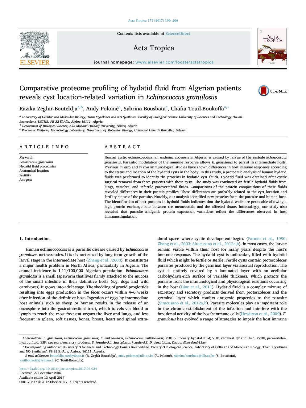 Comparative proteome profiling of hydatid fluid from Algerian patients reveals cyst location-related variation in Echinococcus granulosus