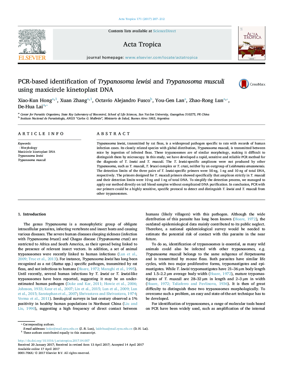 PCR-based identification of Trypanosoma lewisi and Trypanosoma musculi using maxicircle kinetoplast DNA