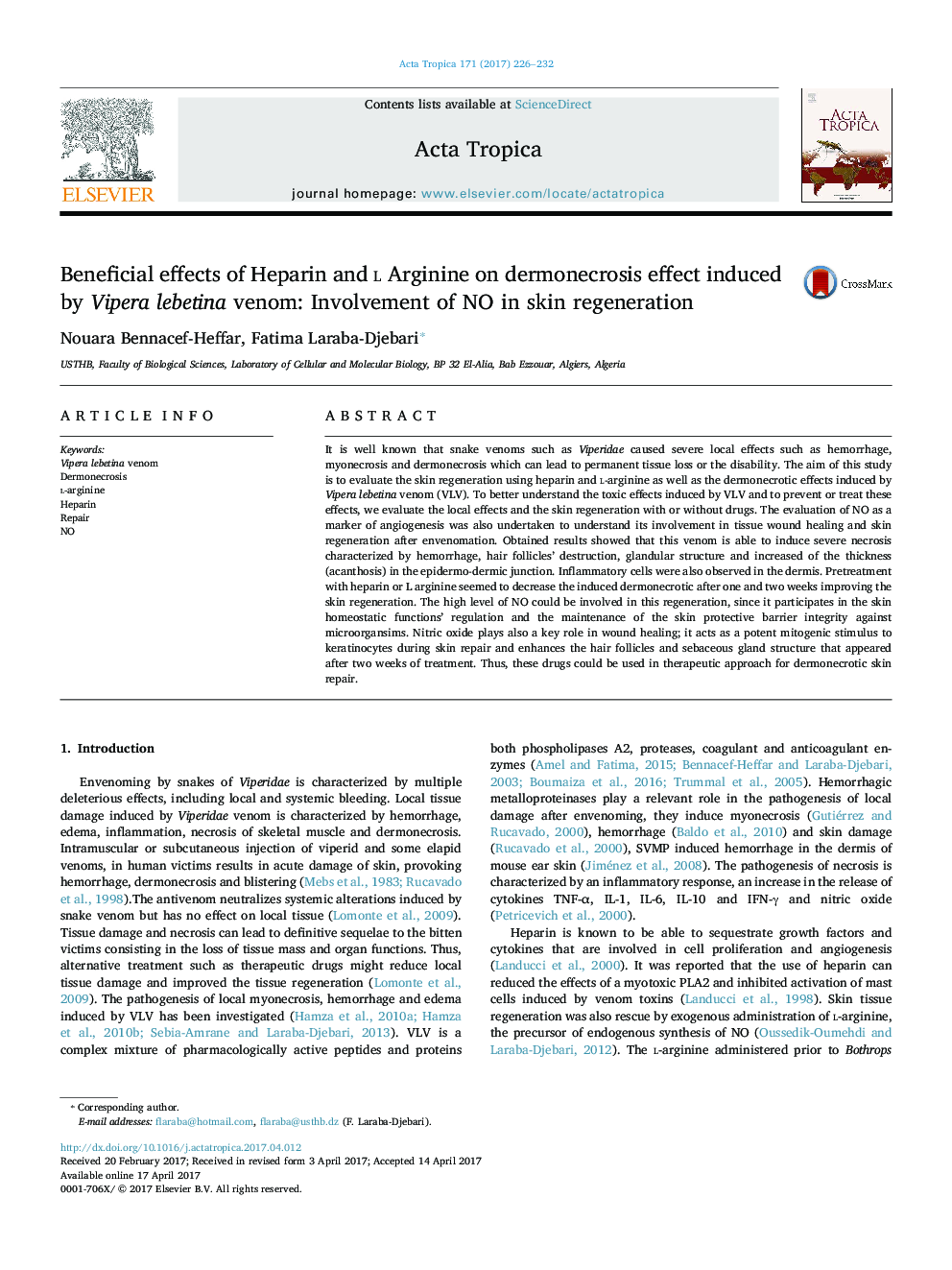 Beneficial effects of Heparin and l Arginine on dermonecrosis effect induced by Vipera lebetina venom: Involvement of NO in skin regeneration