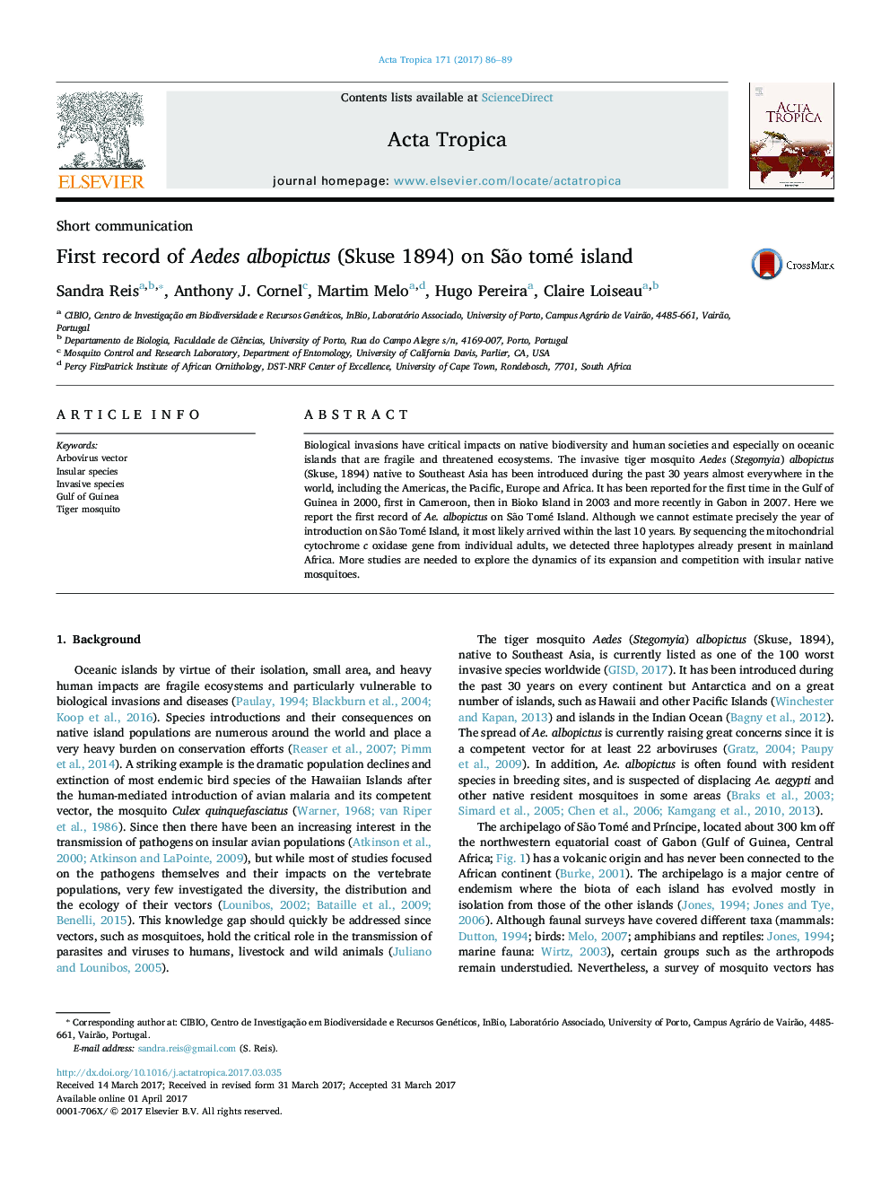 First record of Aedes albopictus (Skuse 1894) on SÃ£o tomé island