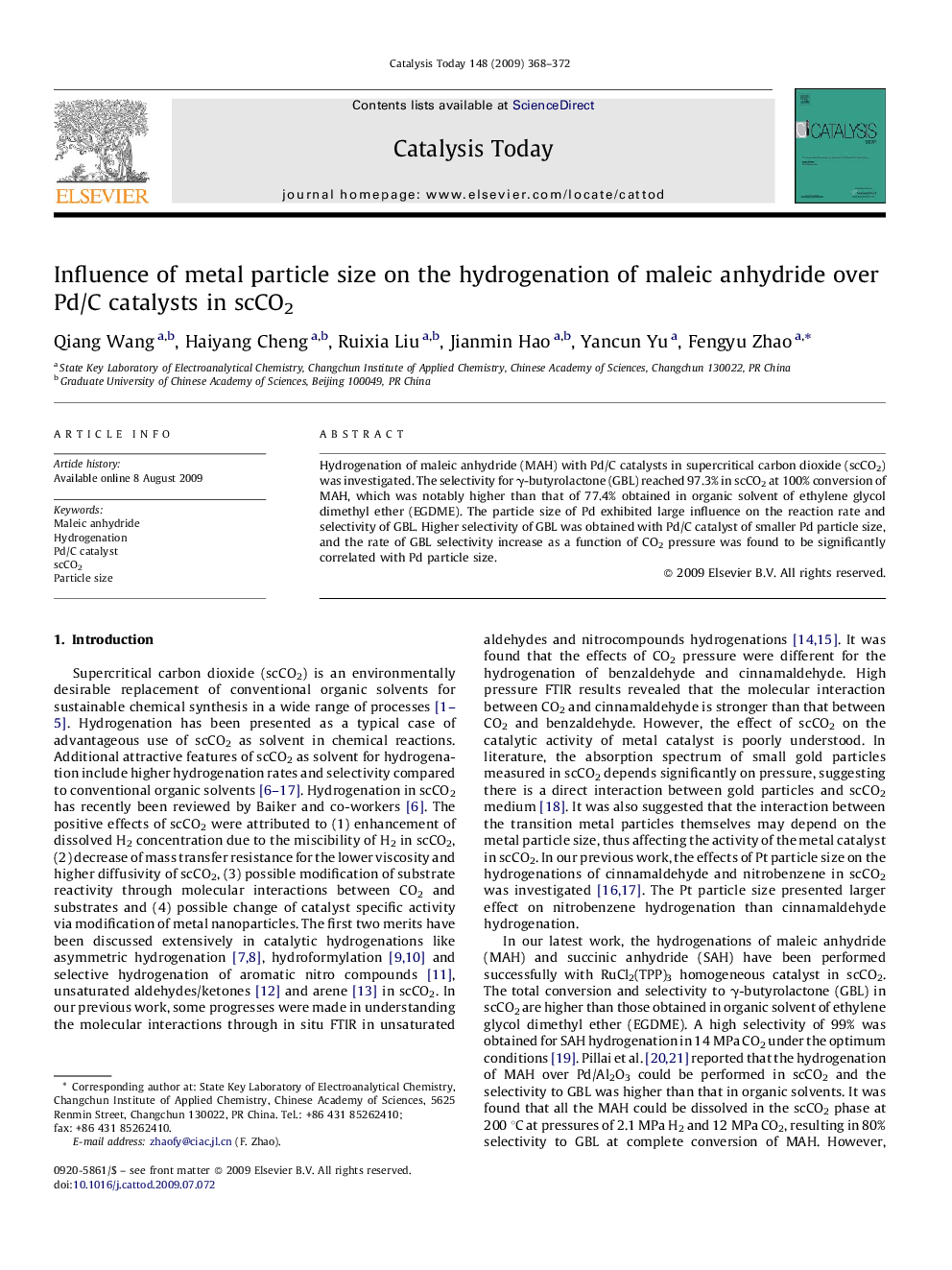 Influence of metal particle size on the hydrogenation of maleic anhydride over Pd/C catalysts in scCO2