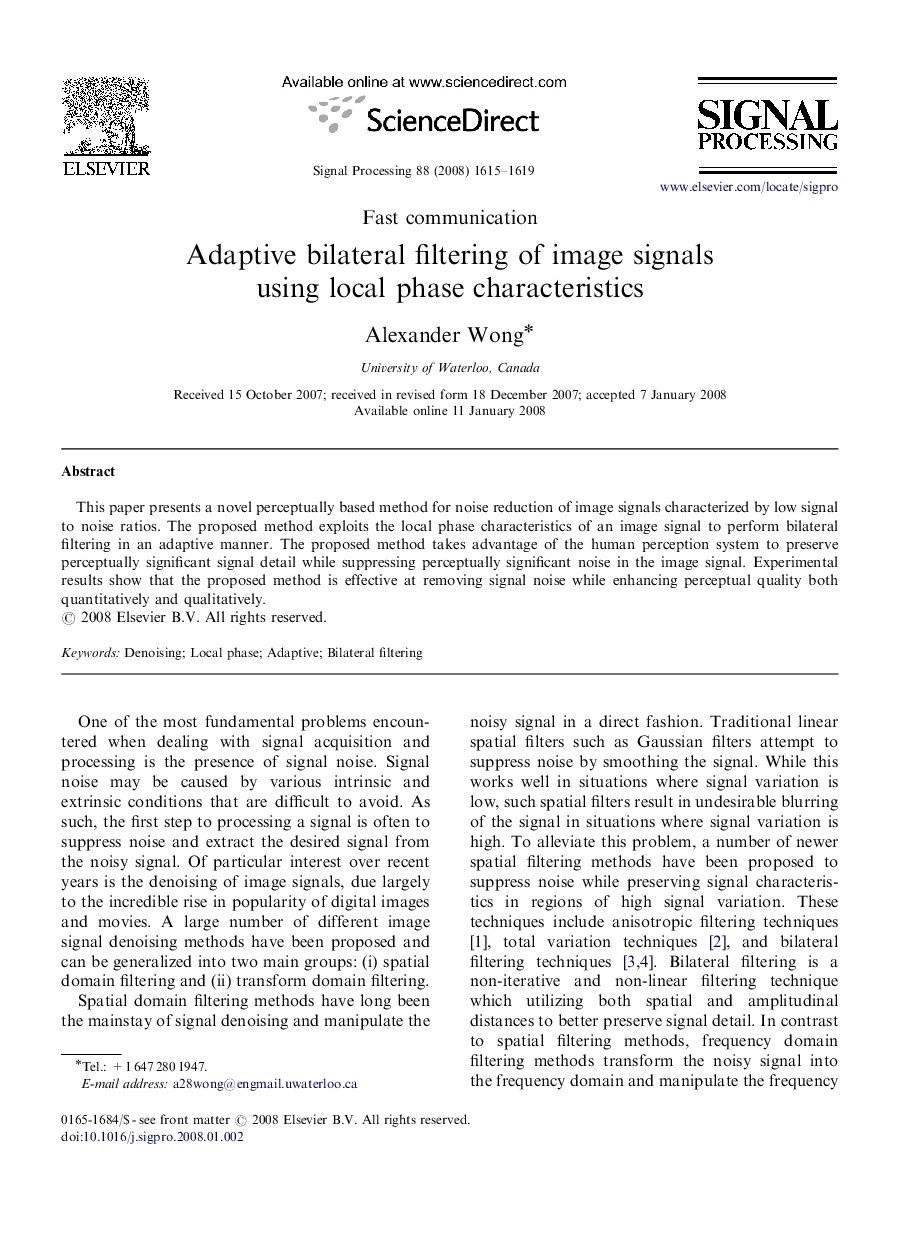 Adaptive bilateral filtering of image signals using local phase characteristics