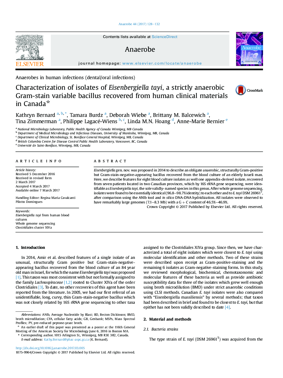 Characterization of isolates of Eisenbergiella tayi, a strictly anaerobic Gram-stain variable bacillus recovered from human clinical materials in Canada