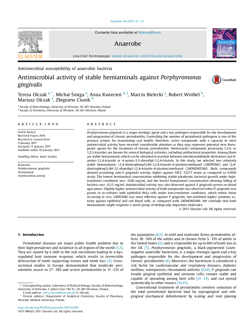 Antimicrobial activity of stable hemiaminals against Porphyromonas gingivalis