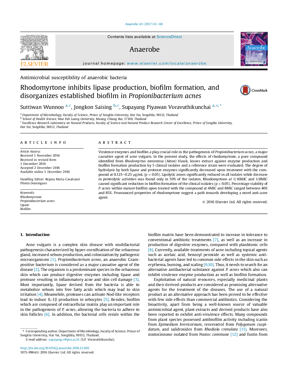 Rhodomyrtone inhibits lipase production, biofilm formation, and disorganizes established biofilm in Propionibacterium acnes