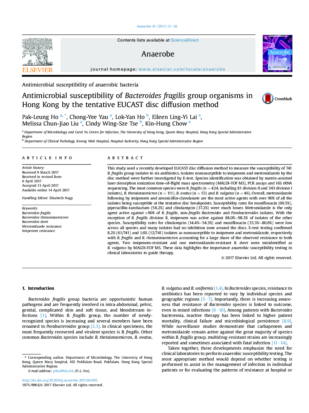 Antimicrobial susceptibility of Bacteroides fragilis group organisms in Hong Kong by the tentative EUCAST disc diffusion method