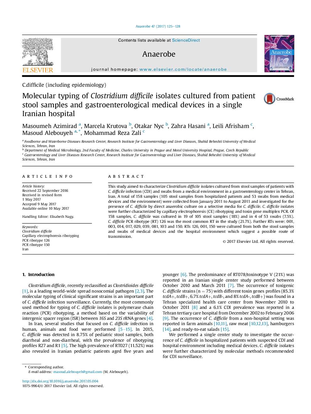 Molecular typing of Clostridium difficile isolates cultured from patient stool samples and gastroenterological medical devices in a single Iranian hospital