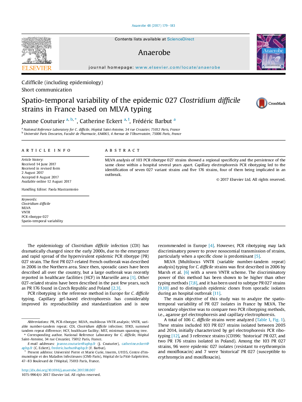 Spatio-temporal variability of the epidemic 027 Clostridium difficile strains in France based on MLVA typing