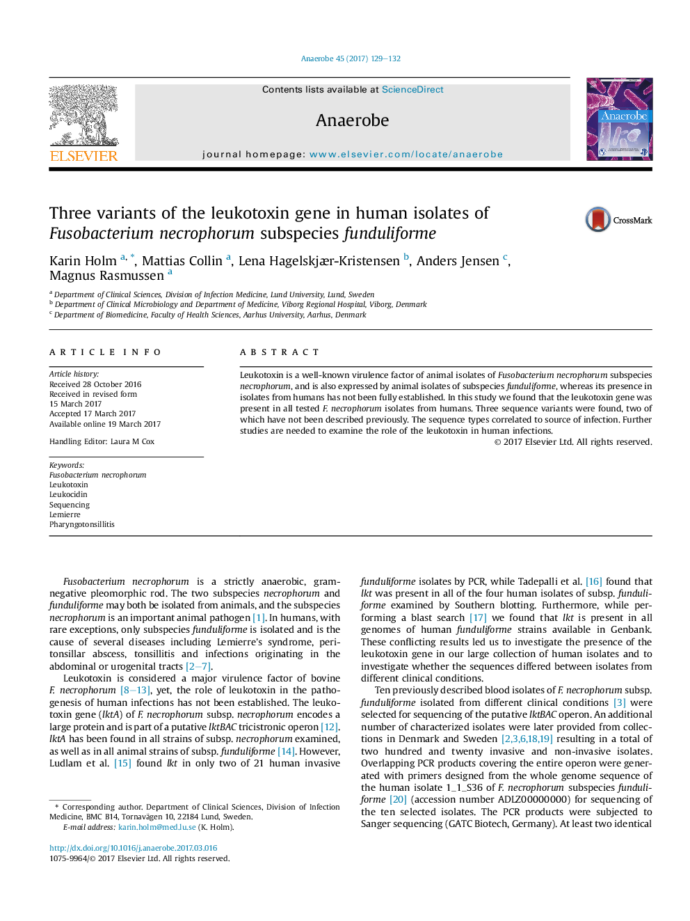 Three variants of the leukotoxin gene in human isolates of Fusobacterium necrophorum subspecies funduliforme