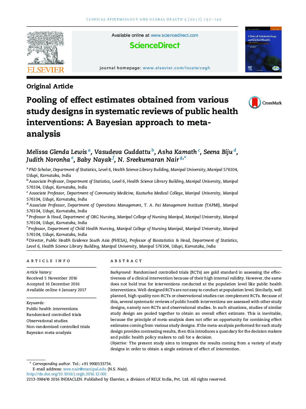 Pooling of effect estimates obtained from various study designs in systematic reviews of public health interventions: A Bayesian approach to meta-analysis