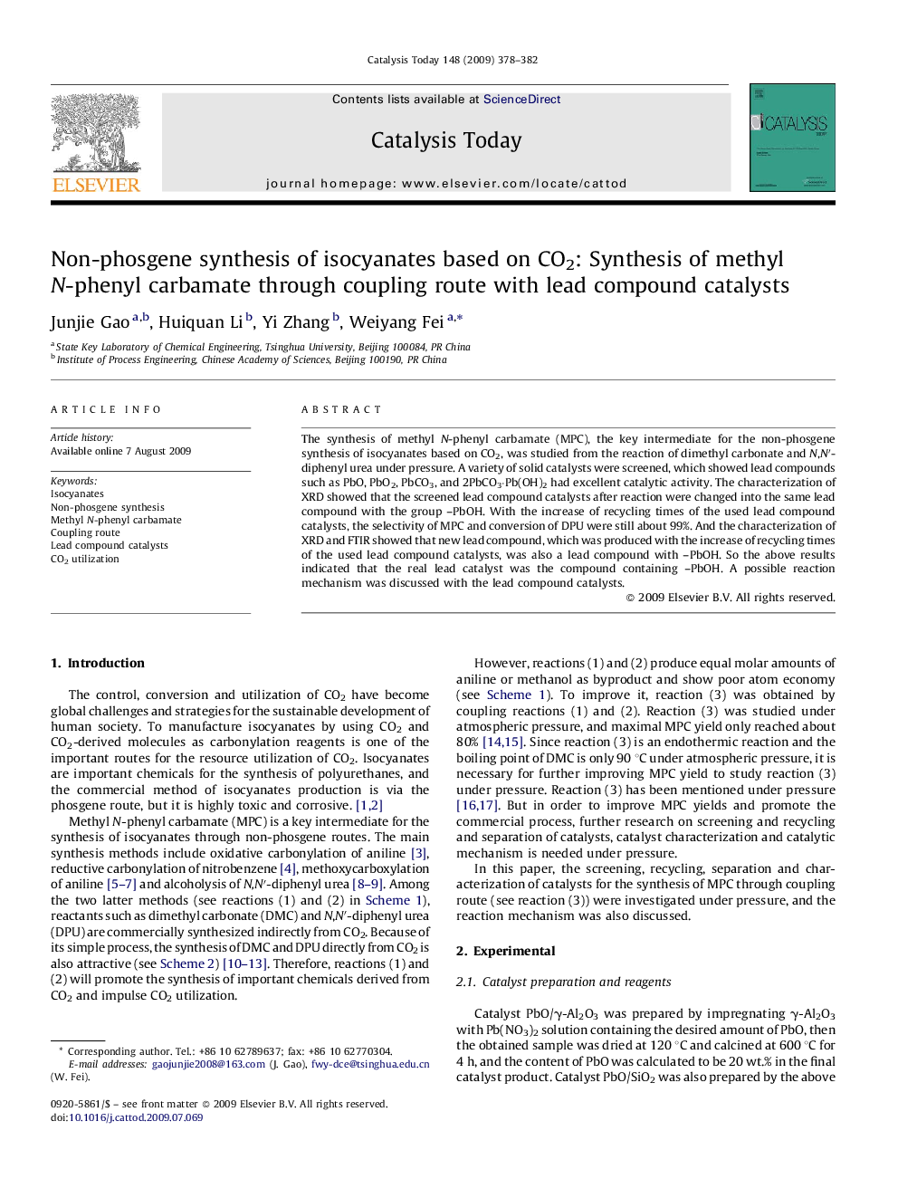 Non-phosgene synthesis of isocyanates based on CO2: Synthesis of methyl N-phenyl carbamate through coupling route with lead compound catalysts