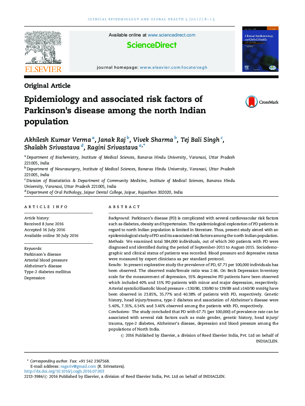 Epidemiology and associated risk factors of Parkinson's disease among the north Indian population