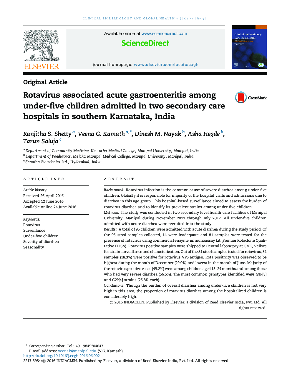 Rotavirus associated acute gastroenteritis among under-five children admitted in two secondary care hospitals in southern Karnataka, India