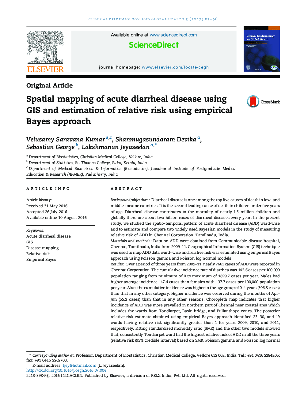 Spatial mapping of acute diarrheal disease using GIS and estimation of relative risk using empirical Bayes approach