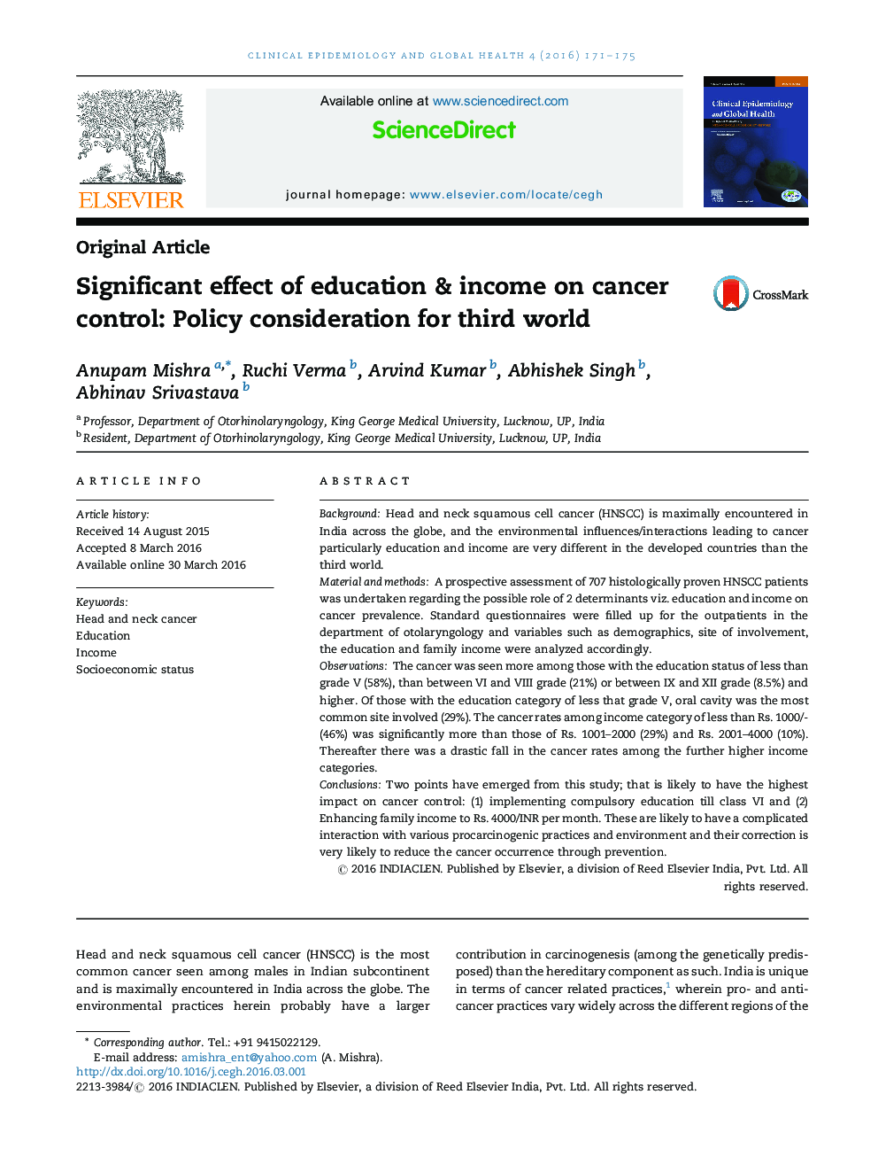 Significant effect of education & income on cancer control: Policy consideration for third world