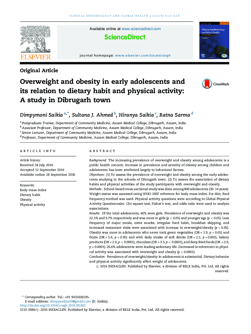 Overweight and obesity in early adolescents and its relation to dietary habit and physical activity: A study in Dibrugarh town