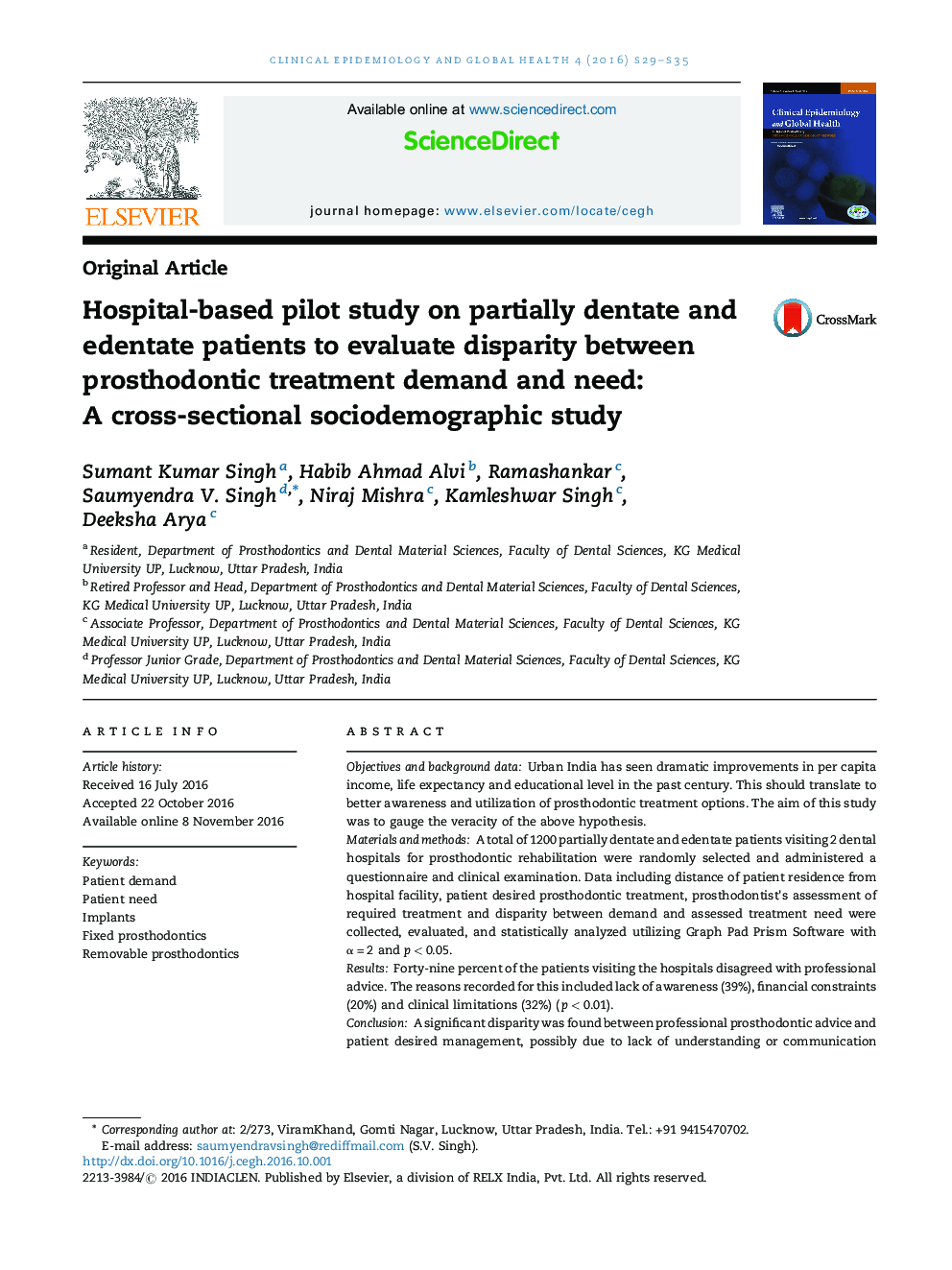 Hospital-based pilot study on partially dentate and edentate patients to evaluate disparity between prosthodontic treatment demand and need: A cross-sectional sociodemographic study