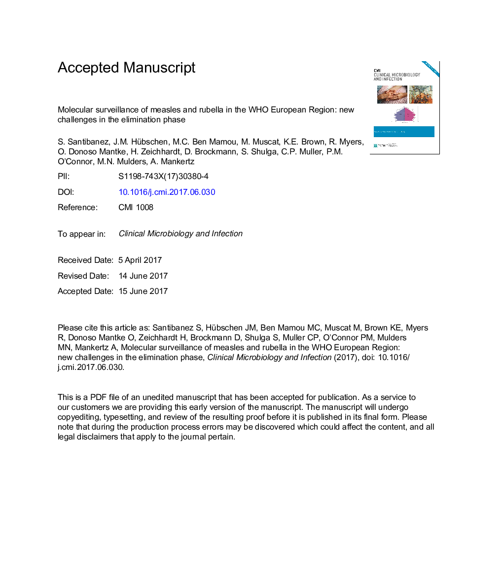 عکس صفحه اول مقاله: Molecular surveillance of measles and rubella in the WHO European Region: new challenges in the elimination phase Molecular surveillance of measles and rubella in the WHO European Region: new challenges in the elimination phase