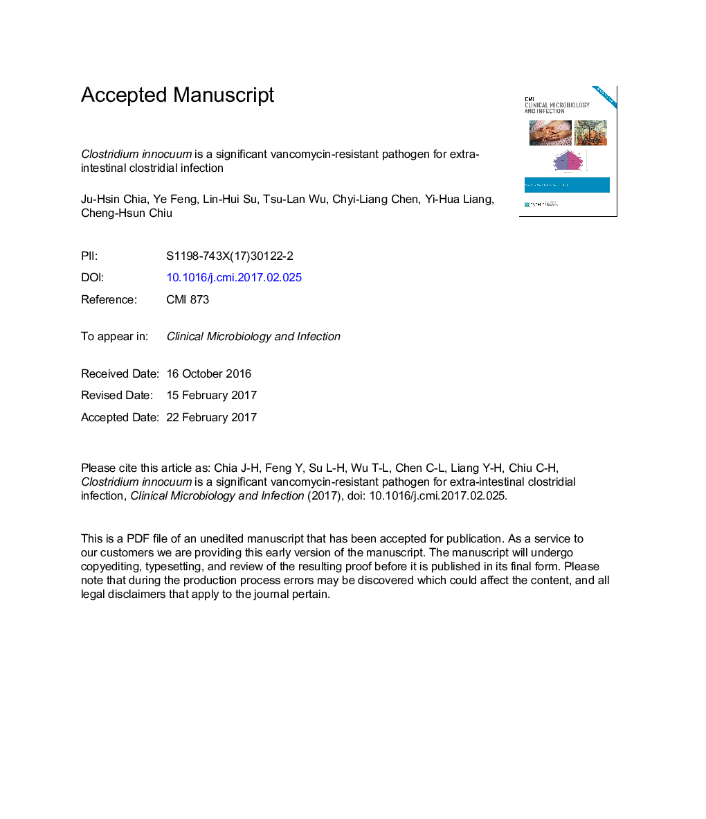 Clostridium innocuum is a significant vancomycin-resistant pathogen for extraintestinal clostridial infection