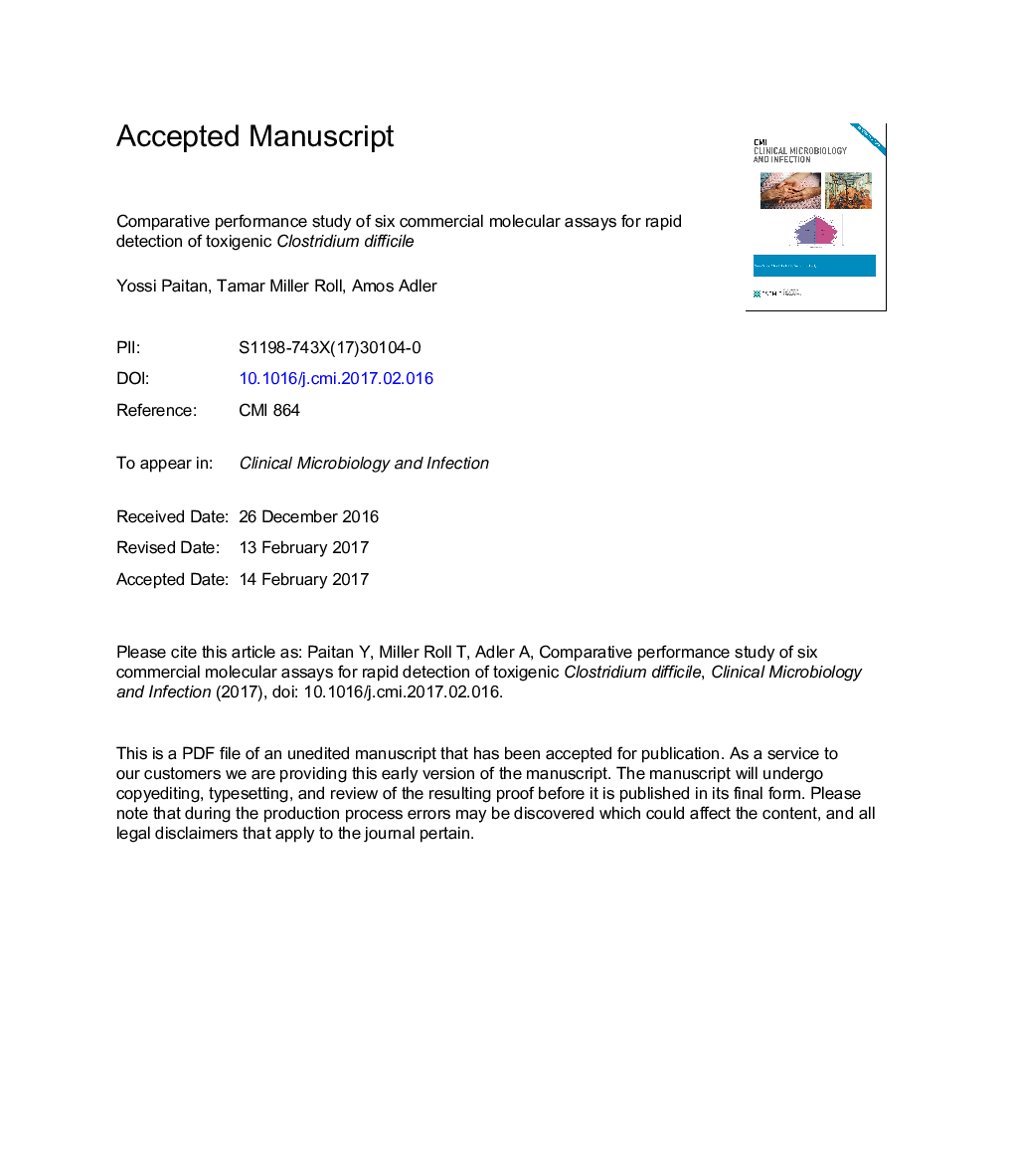 Comparative performance study of six commercial molecular assays for rapid detection of toxigenic Clostridium difficile