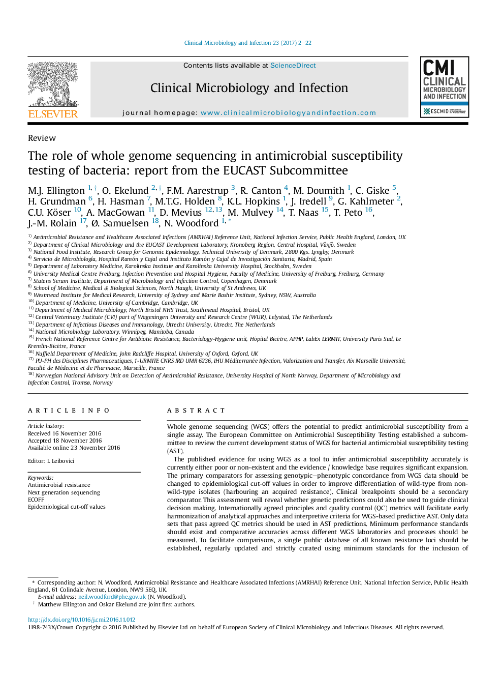 The role of whole genome sequencing in antimicrobial susceptibility testing of bacteria: report from the EUCAST Subcommittee