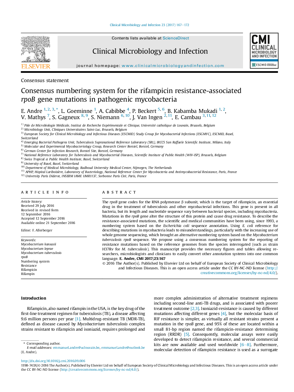 Consensus numbering system for the rifampicin resistance-associated rpoB gene mutations in pathogenic mycobacteria