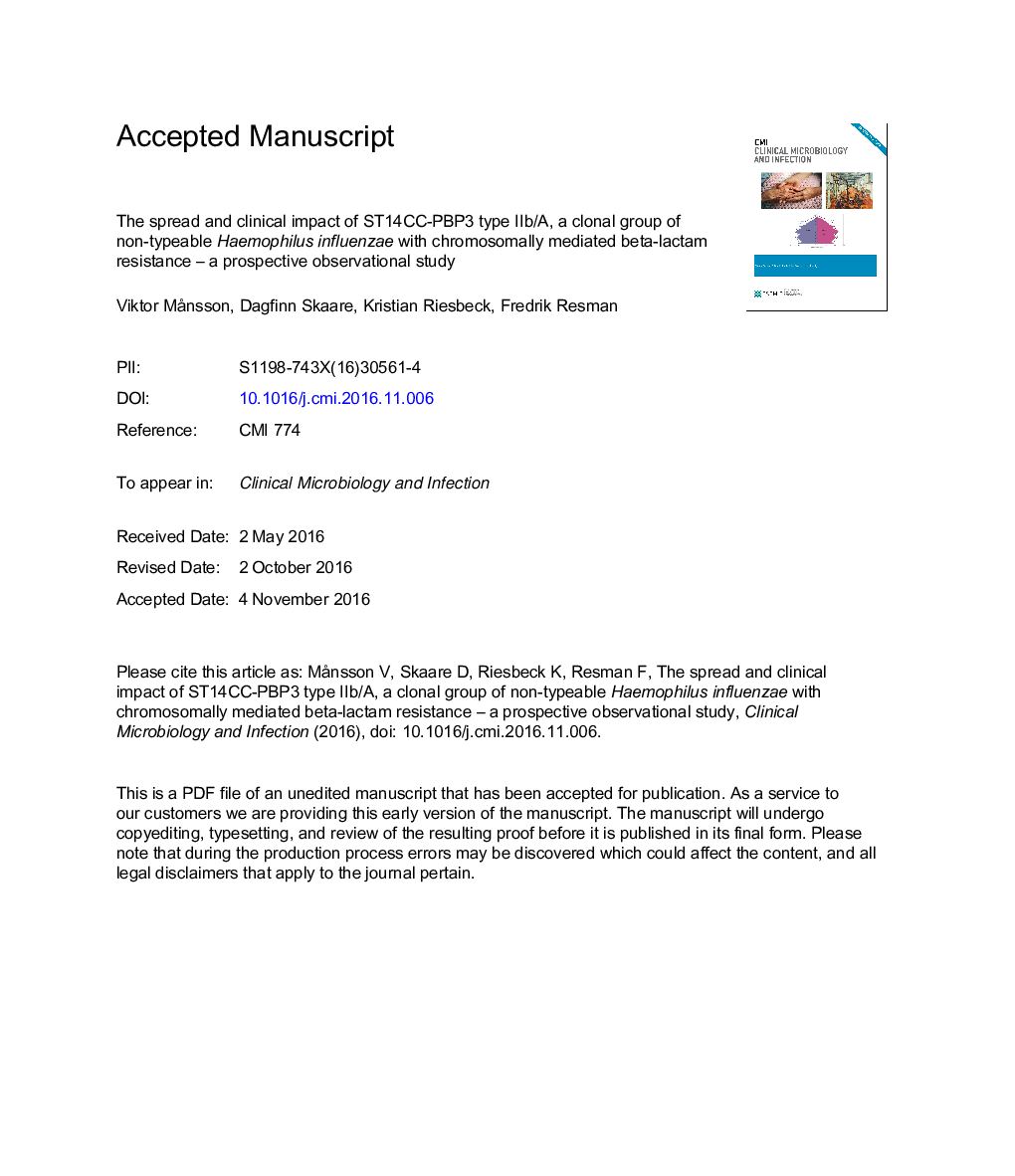 The spread and clinical impact of ST14CC-PBP3 type IIb/A, a clonal group of non-typeable Haemophilus influenzae with chromosomally mediated Î²-lactam resistance-a prospective observational study