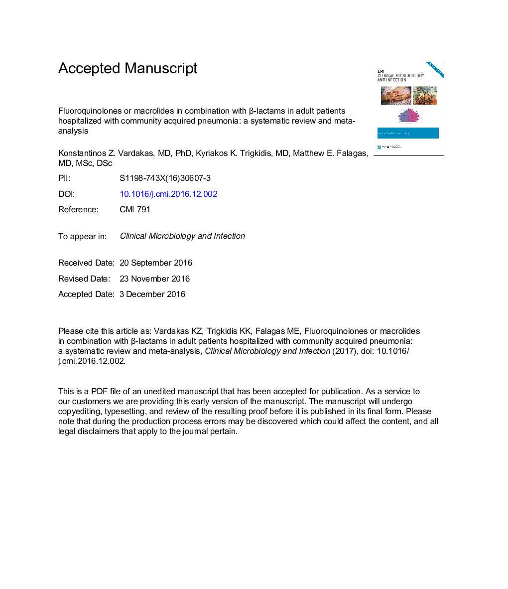 Fluoroquinolones or macrolides in combination with Î²-lactams in adult patients hospitalized with community acquired pneumonia: a systematic review and meta-analysis