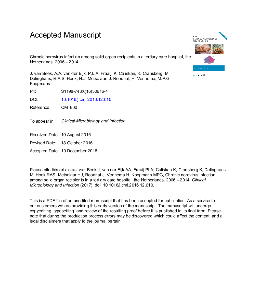 عفونت مزمن نئوویروس در میان گیرندگان عضو بدن در یک بیمارستان مراقبت از بیمارستانی، هلند، 2006-2014 