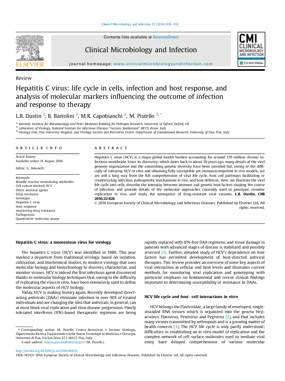 Hepatitis C virus: life cycle in cells, infection and host response, and analysis of molecular markers influencing the outcome of infection and response to therapy