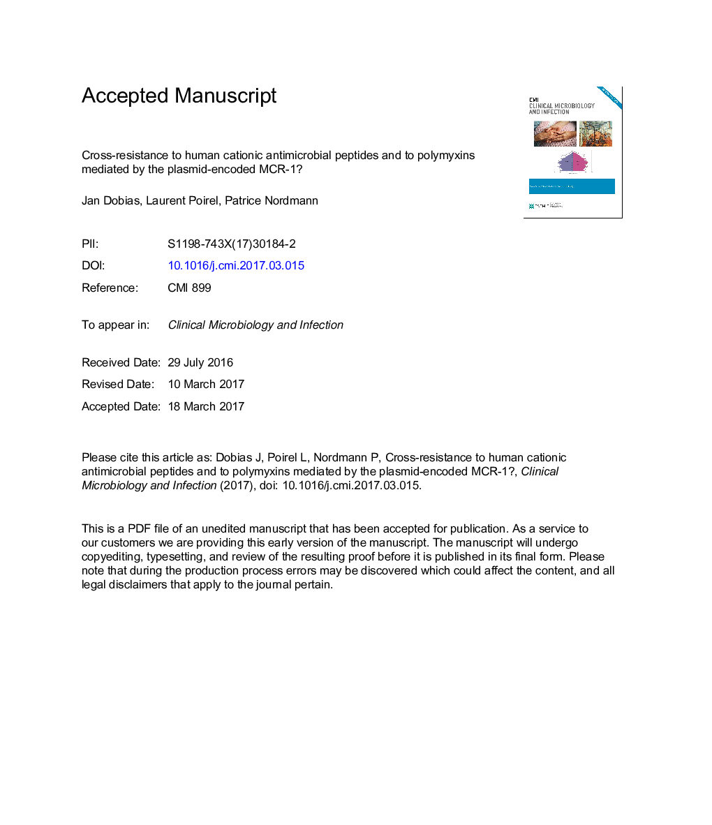 Cross-resistance to human cationic antimicrobial peptides and to polymyxins mediated by the plasmid-encoded MCR-1?