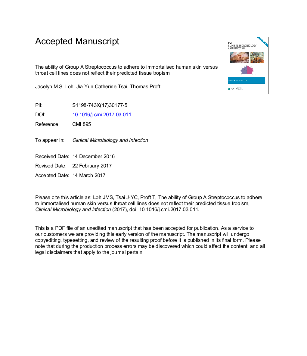 The ability of Group A streptococcus to adhere to immortalized human skin versus throat cell lines does not reflect their predicted tissue tropism