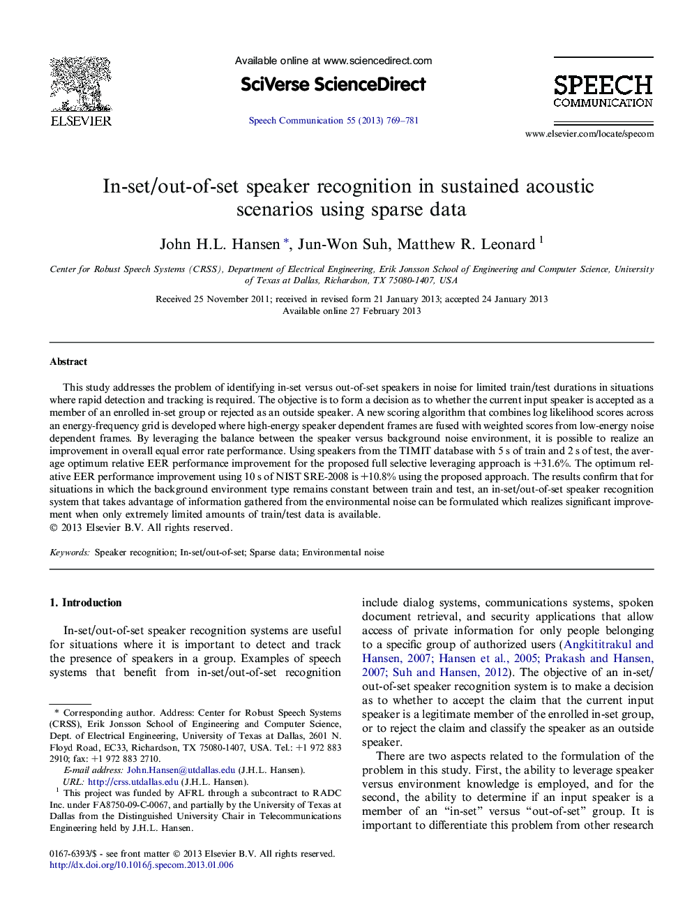 In-set/out-of-set speaker recognition in sustained acoustic scenarios using sparse data