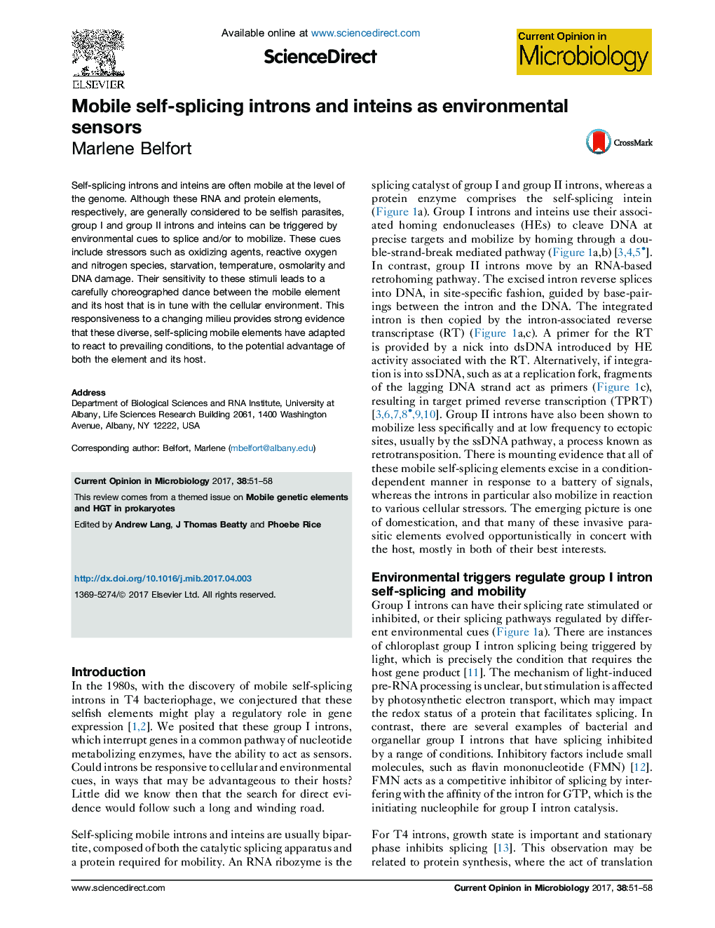 Mobile self-splicing introns and inteins as environmental sensors