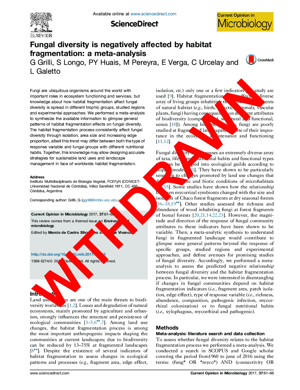 WITHDRAWN: Fungal diversity is negatively affected by habitat fragmentation: a meta-analysis