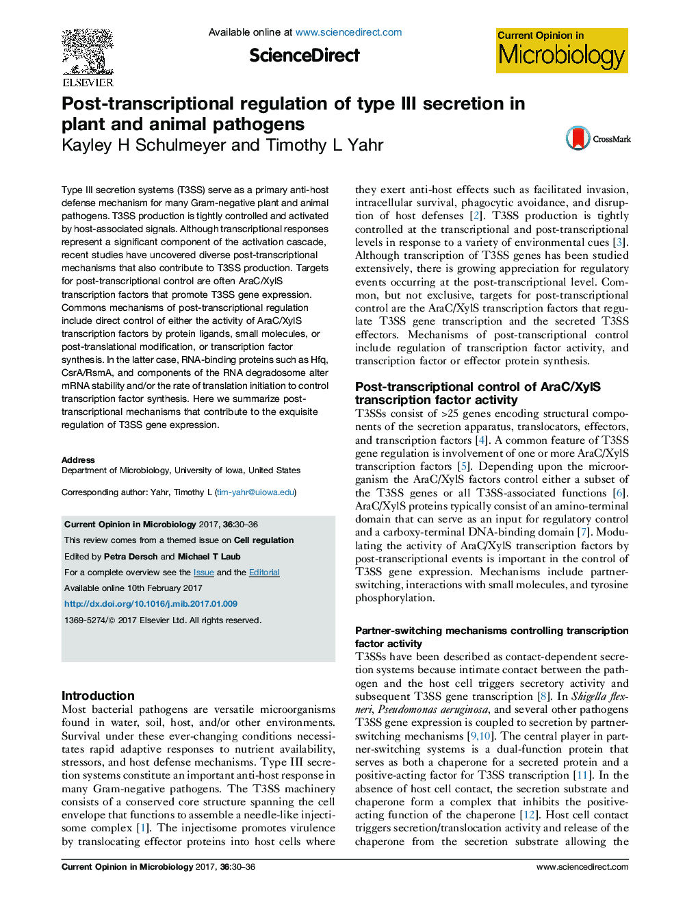 Post-transcriptional regulation of type III secretion in plant and animal pathogens