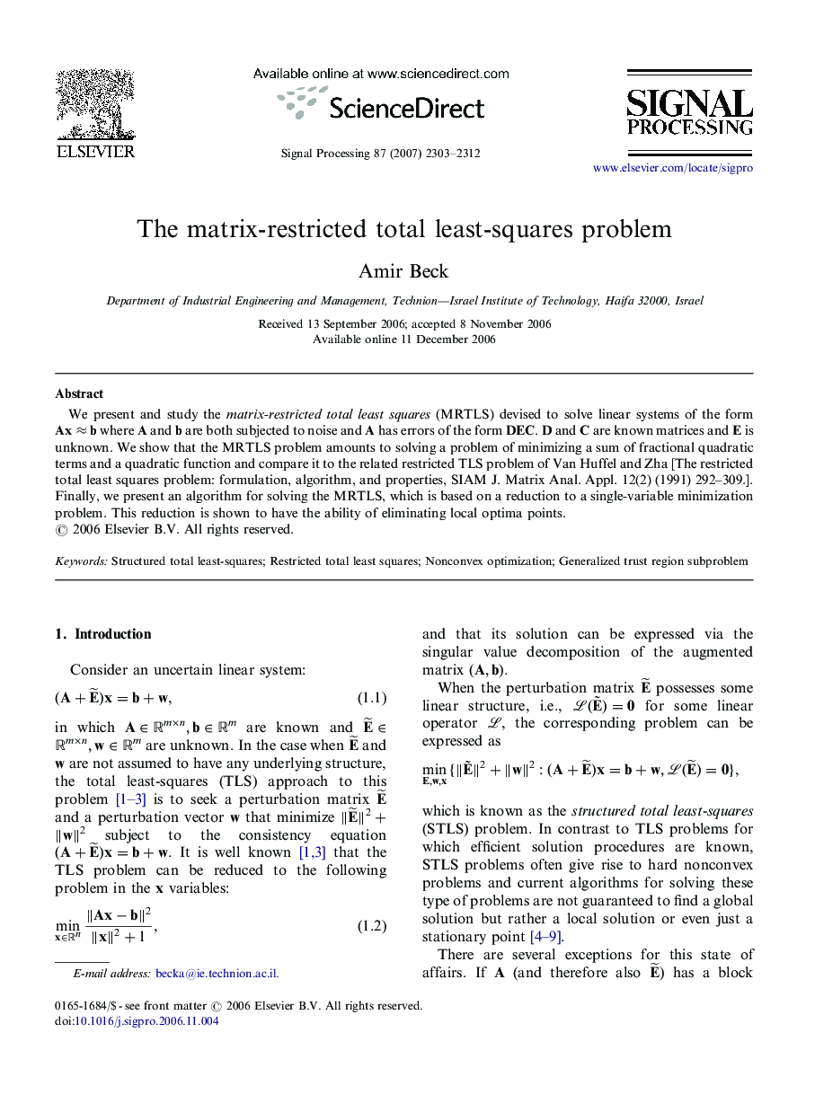 The matrix-restricted total least-squares problem