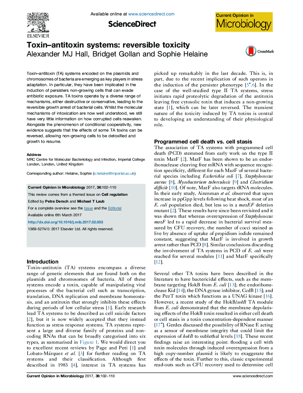 Toxin-antitoxin systems: reversible toxicity