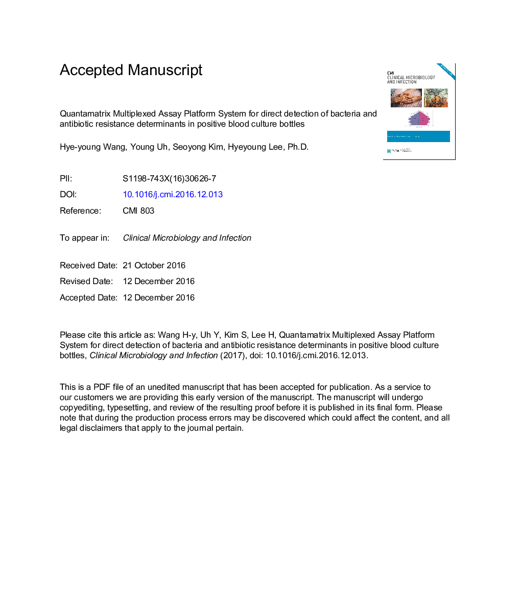 Quantamatrix Multiplexed Assay Platform system for direct detection of bacteria and antibiotic resistance determinants in positive blood culture bottles