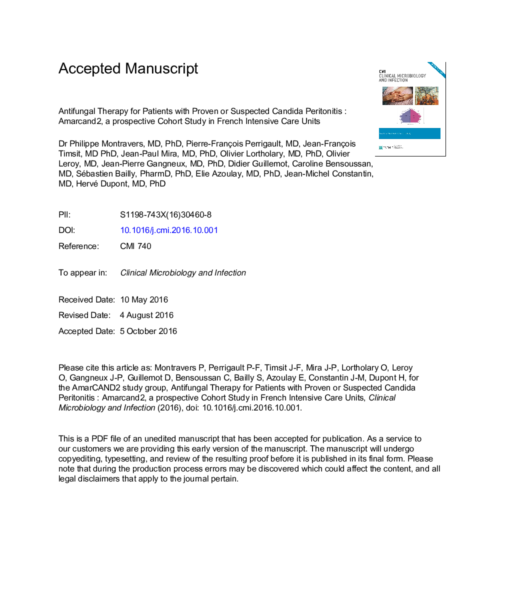 Antifungal therapy for patients with proven or suspected Candida peritonitis: Amarcand2, a prospective cohort study in French intensive care units