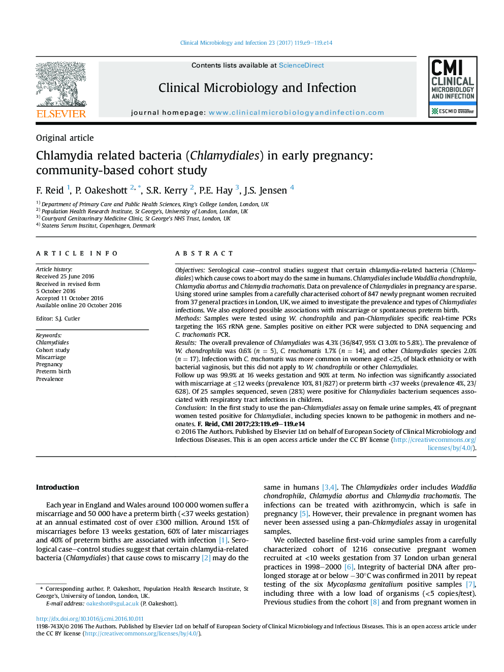 Chlamydia related bacteria (Chlamydiales) in early pregnancy: community-based cohort study