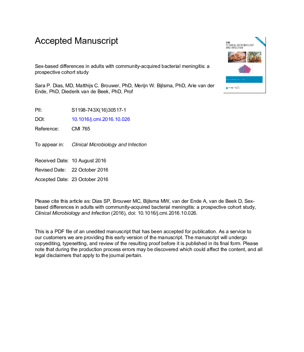 تفاوت های جنسیتی در بزرگسالان مبتلا به مننژیت باکتریایی به دست آمده از جامعه: یک مطالعه کوهورت آینده ای است 