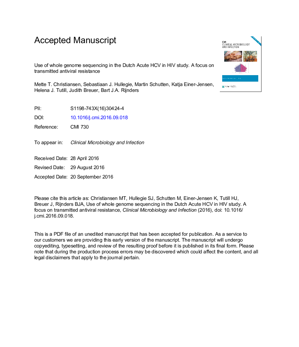 Use of whole genome sequencing in the Dutch Acute HCV in HIV study: focus on transmitted antiviral resistance