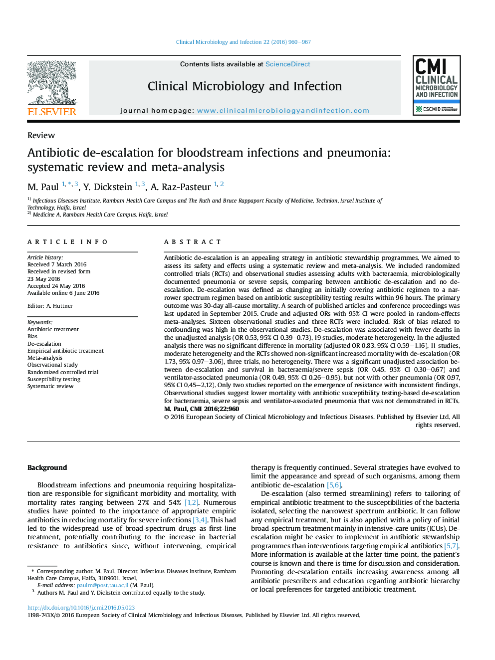 Antibiotic de-escalation for bloodstream infections and pneumonia: systematic review and meta-analysis