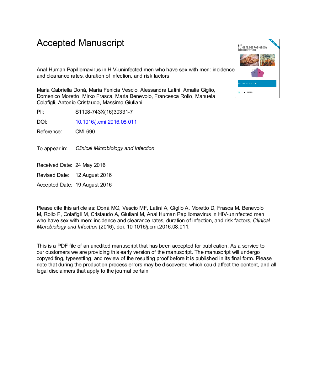 Anal human papillomavirus in HIV-uninfected men who have sex with men: incidence and clearance rates, duration of infection, and risk factors