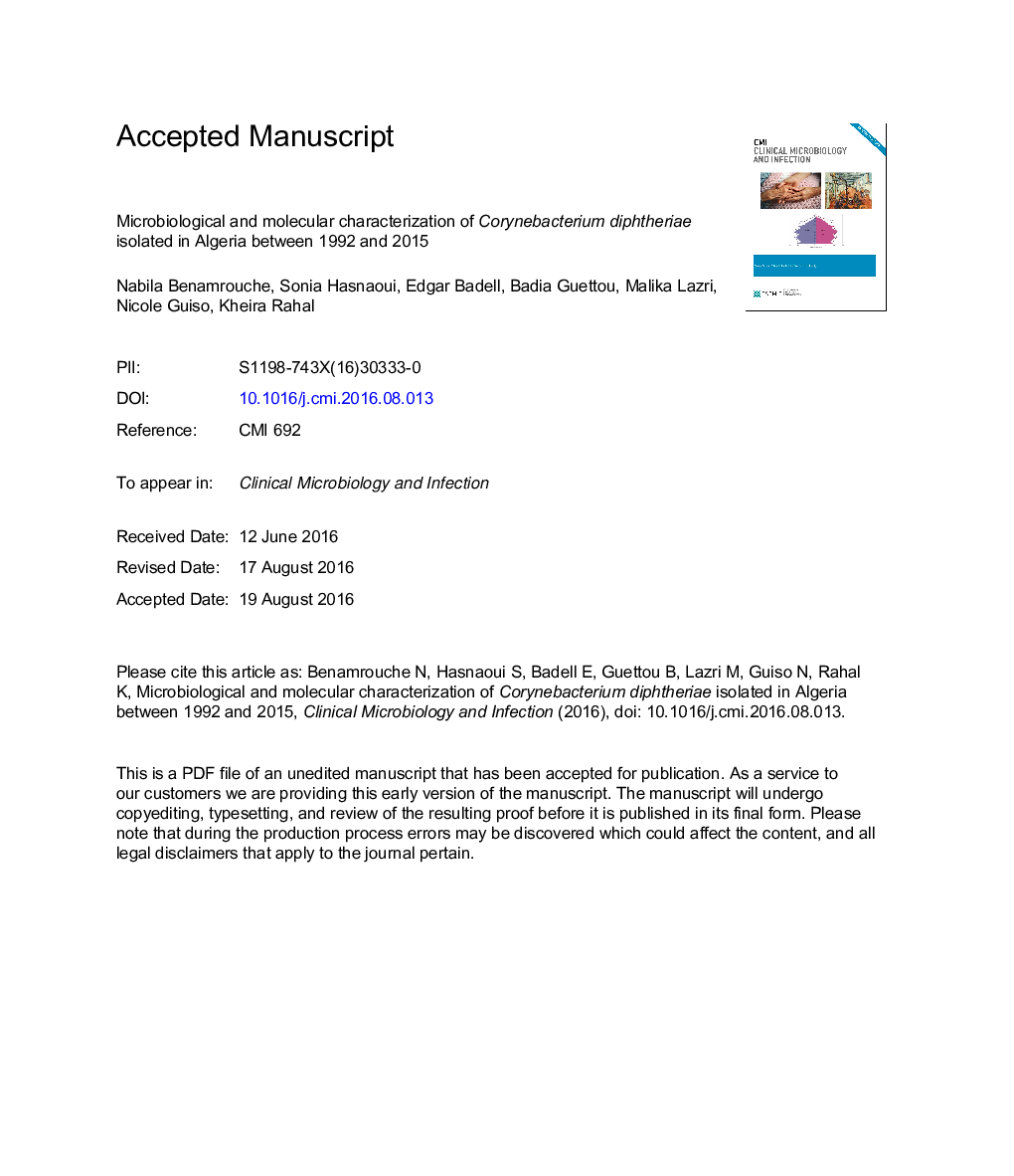 Microbiological and molecular characterization of Corynebacterium diphtheriae isolated in Algeria between 1992 and 2015