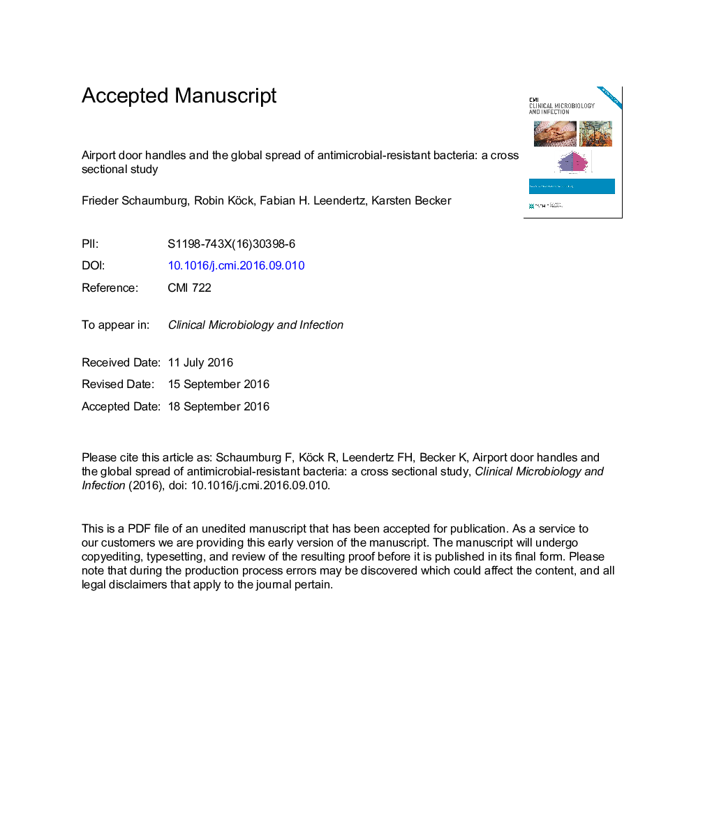 Airport door handles and the global spread of antimicrobial-resistant bacteria: aÂ cross sectional study