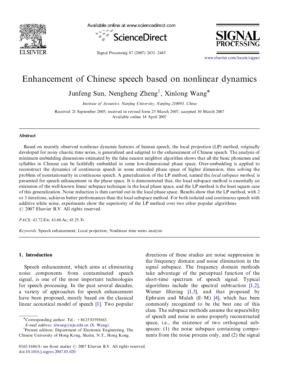 Enhancement of Chinese speech based on nonlinear dynamics