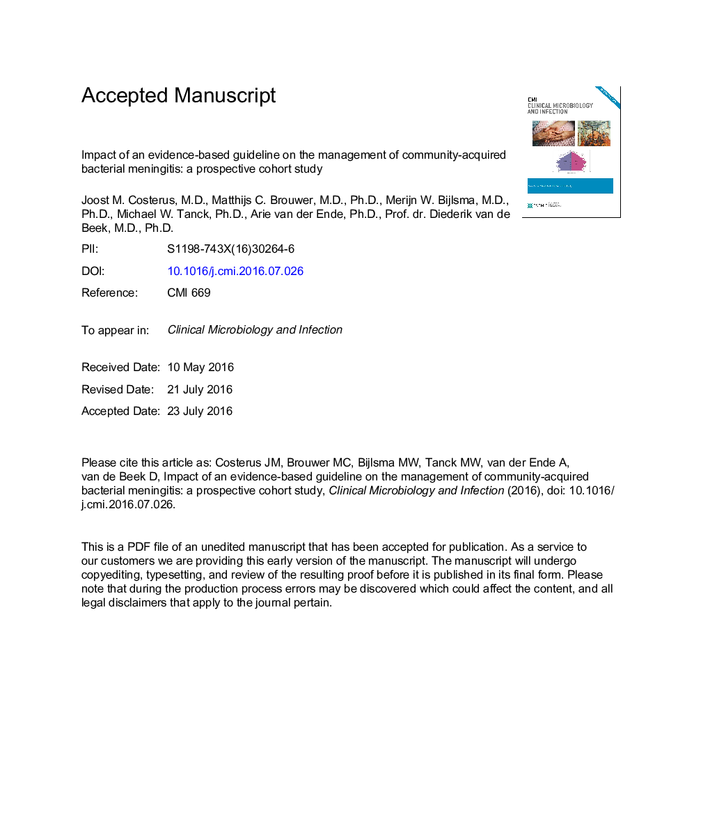 Impact of an evidence-based guideline on the management of community-acquired bacterial meningitis: a prospective cohort study